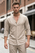 Męski Dwuczęściowy Komplet Koszula i Spodnie o Swobodnym Kroju | Leon – Beżowy