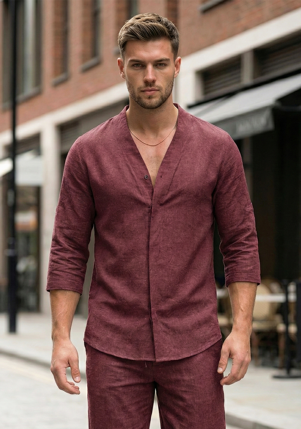 Męski Dwuczęściowy Komplet Koszula i Spodnie o Swobodnym Kroju | Paweł – Bordowy