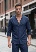 Męski Dwuczęściowy Komplet Koszula i Spodnie o Swobodnym Kroju | Piotr – Granatowy