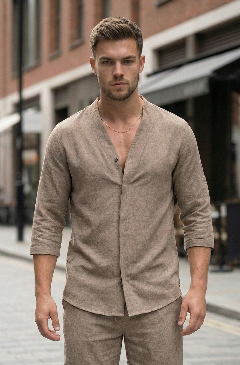 Męski Dwuczęściowy Komplet Koszula i Spodnie o Swobodnym Kroju | Adrian – Jasnobrązowy