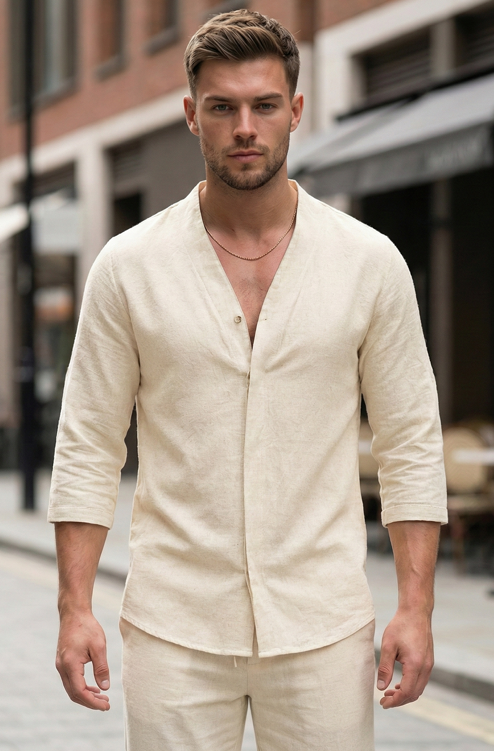 Męski Dwuczęściowy Komplet Koszula i Spodnie o Swobodnym Kroju | Krzysztof – Kremowy