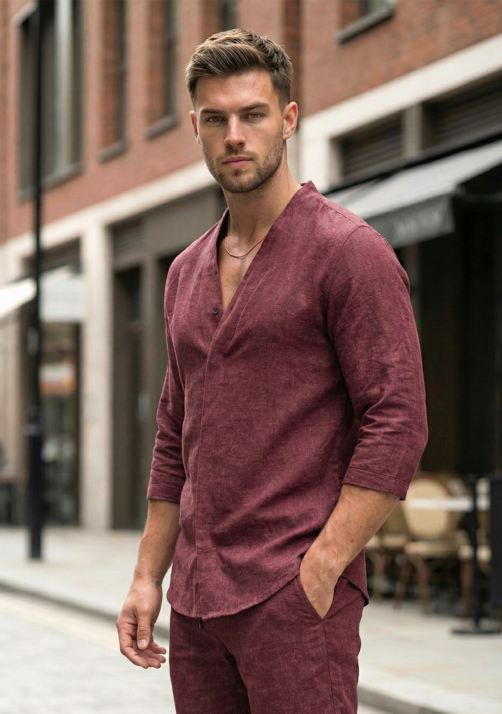 Męski Dwuczęściowy Komplet Koszula i Spodnie o Swobodnym Kroju | Paweł – Bordowy