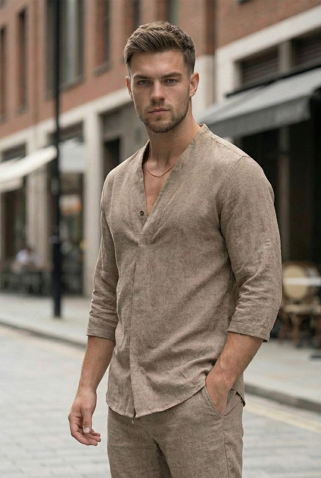 Męski Dwuczęściowy Komplet Koszula i Spodnie o Swobodnym Kroju | Adrian – Jasnobrązowy