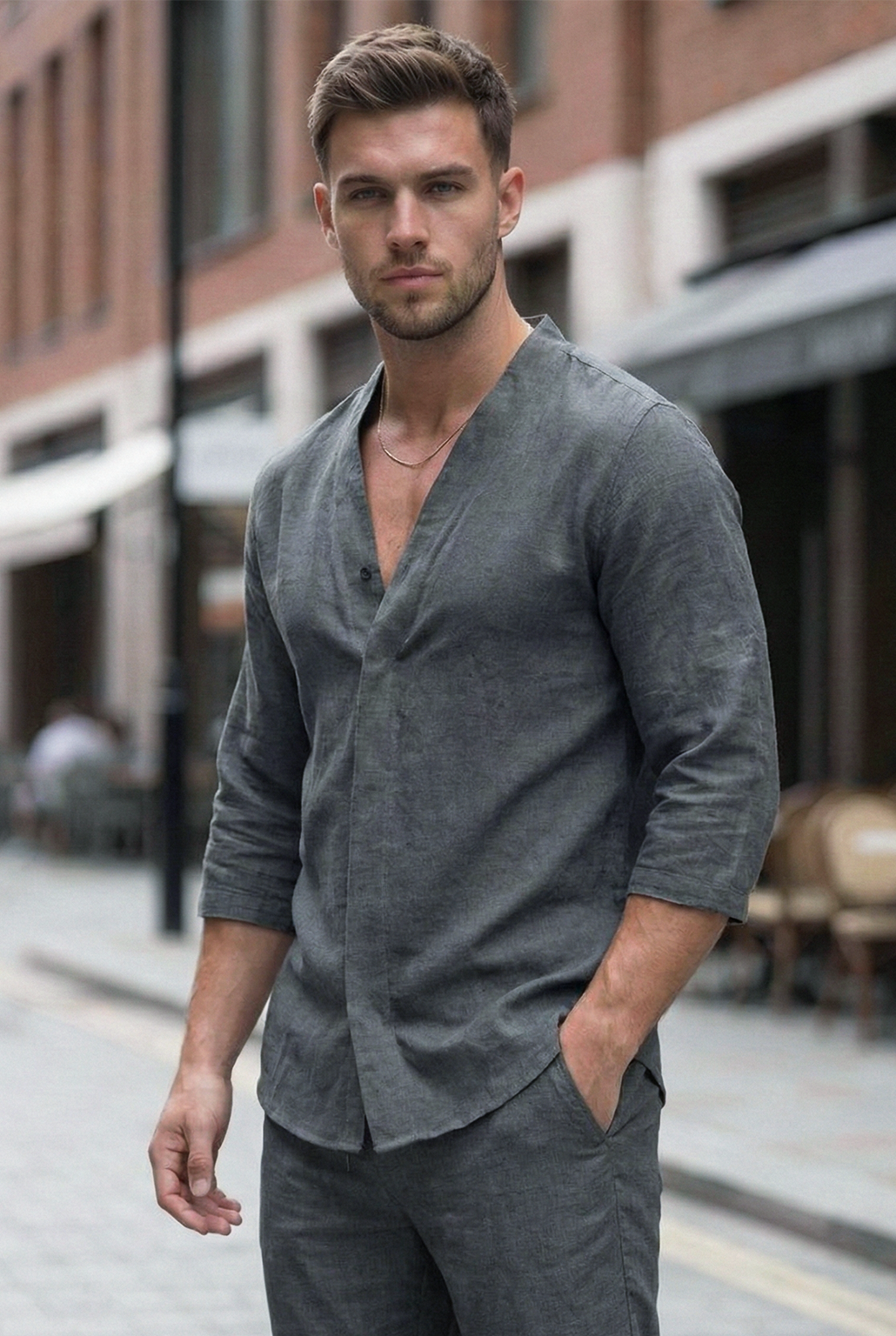 Męski Dwuczęściowy Komplet Koszula i Spodnie o Swobodnym Kroju | Tomasz – Ciemnoszary