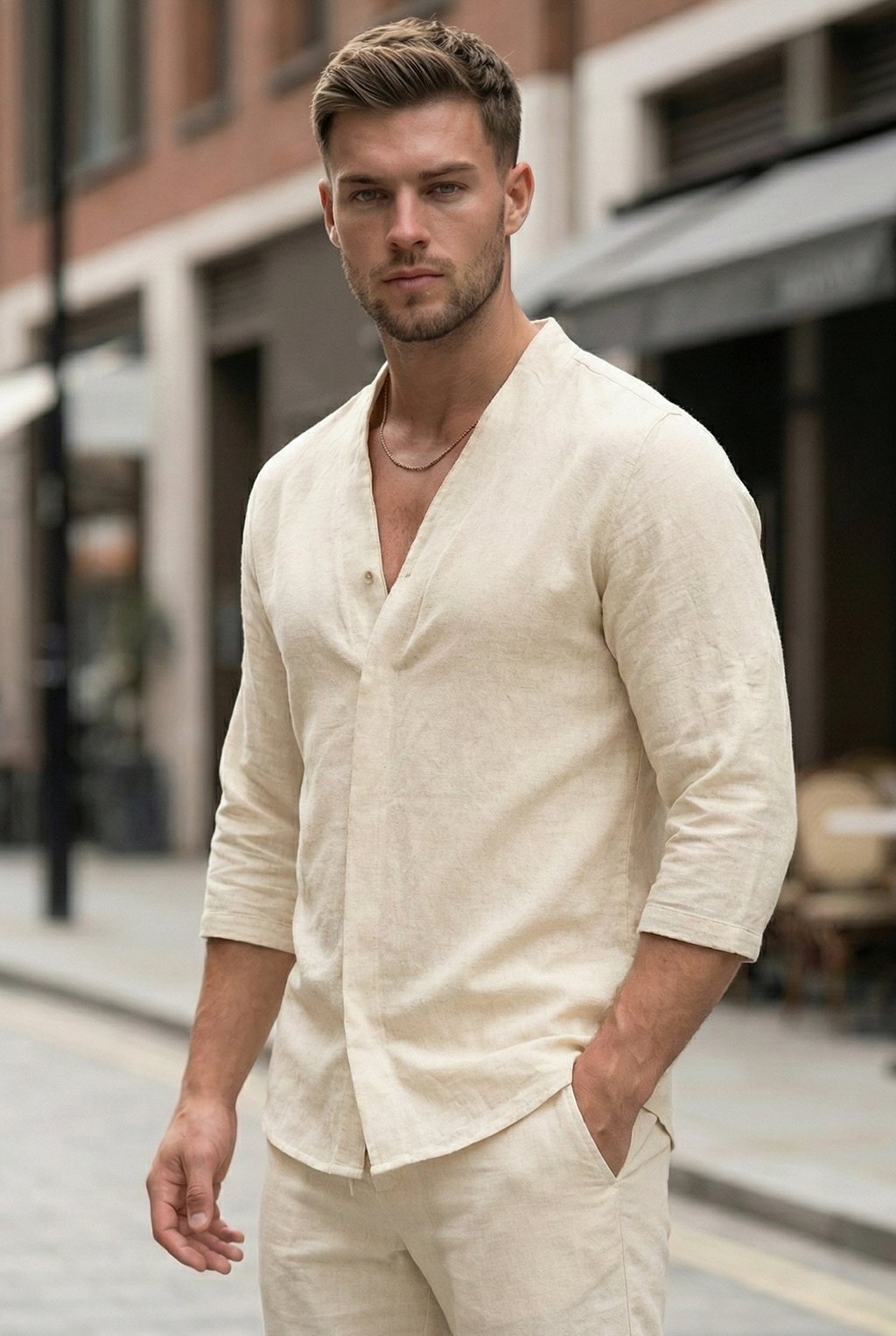 Męski Dwuczęściowy Komplet Koszula i Spodnie o Swobodnym Kroju | Krzysztof – Kremowy
