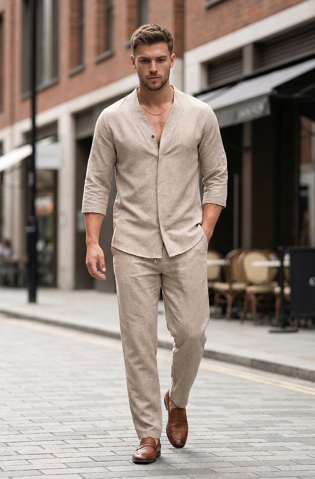 Męski Dwuczęściowy Komplet Koszula i Spodnie o Swobodnym Kroju | Leon – Beżowy