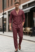 Męski Dwuczęściowy Komplet Koszula i Spodnie o Swobodnym Kroju | Paweł – Bordowy