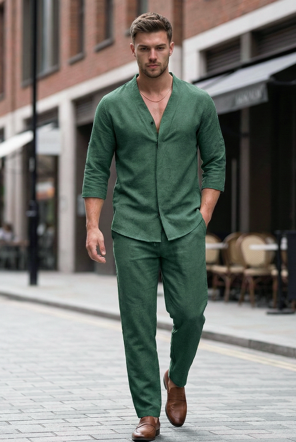 Męski Dwuczęściowy Komplet Koszula i Spodnie o Swobodnym Kroju | Mateusz – Zielony
