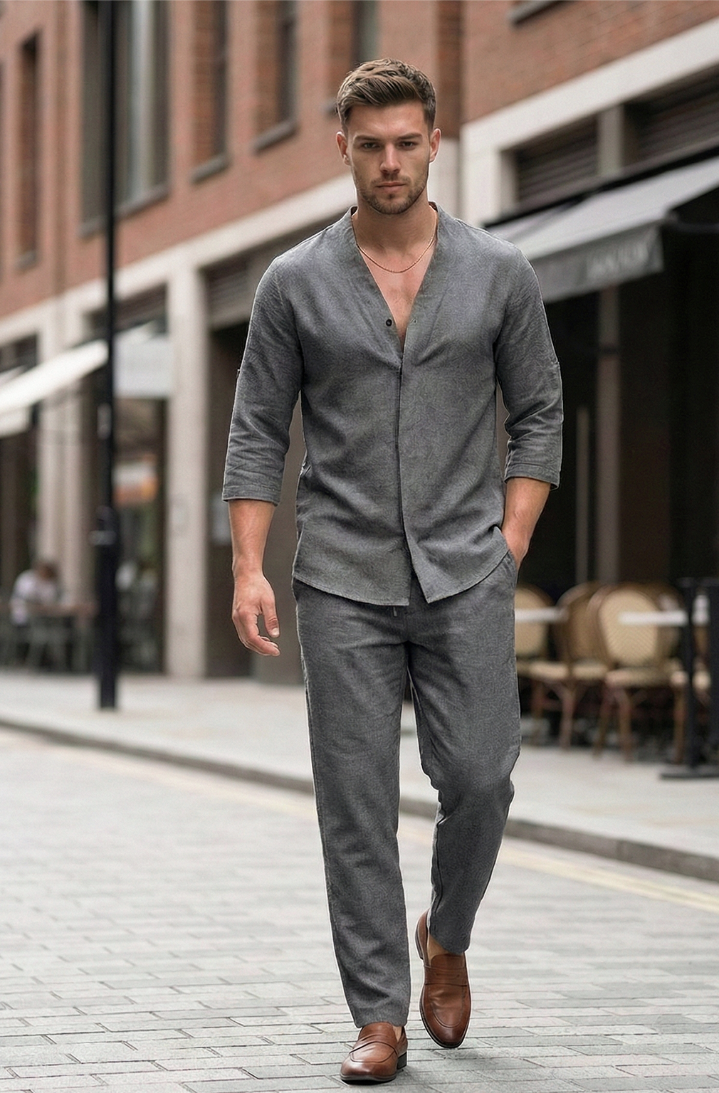 Męski Dwuczęściowy Komplet Koszula i Spodnie o Swobodnym Kroju | Tomasz – Ciemnoszary