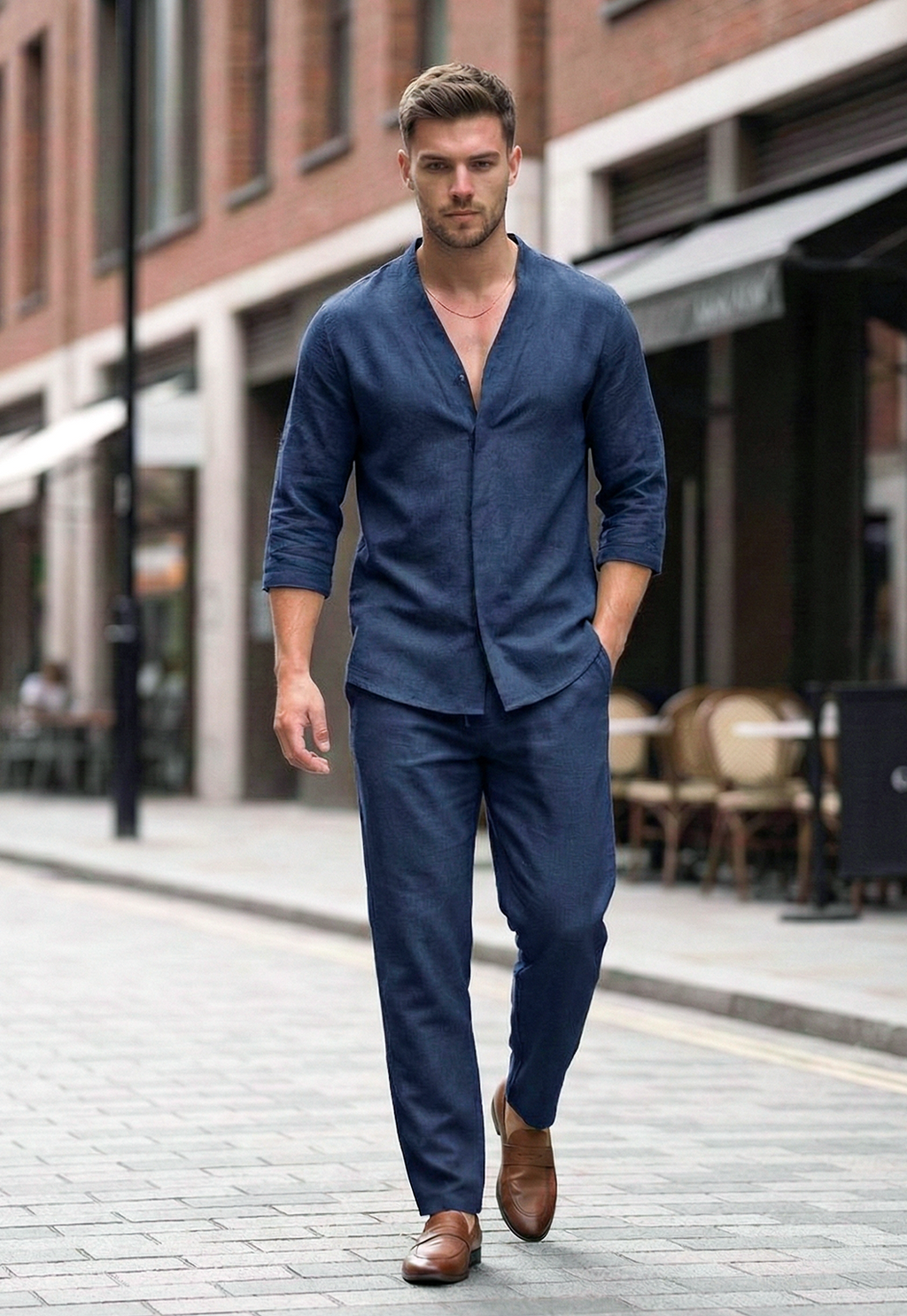 Męski Dwuczęściowy Komplet Koszula i Spodnie o Swobodnym Kroju | Piotr – Granatowy