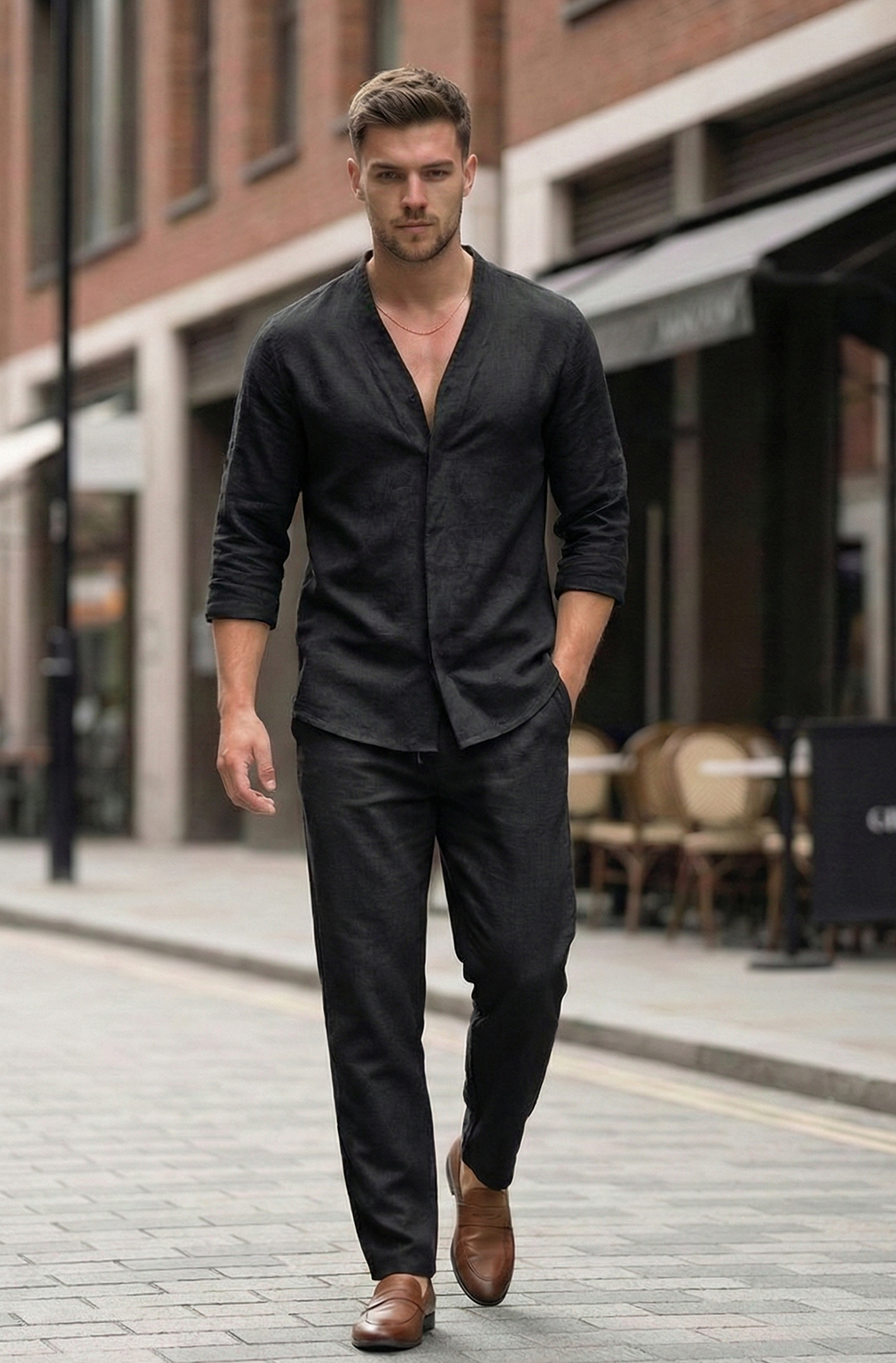 Męski Dwuczęściowy Komplet Koszula i Spodnie o Swobodnym Kroju | Sebastian – Czarny