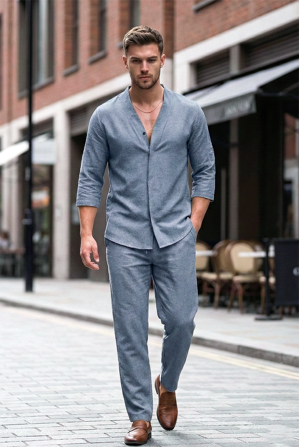 Męski Dwuczęściowy Komplet Koszula i Spodnie o Swobodnym Kroju | Kacper – Jasnoniebieski