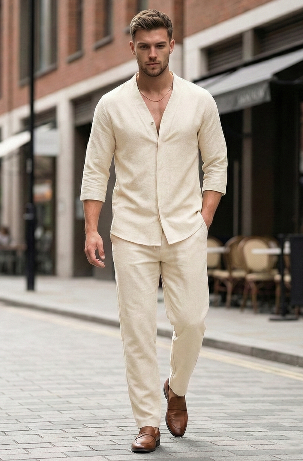 Męski Dwuczęściowy Komplet Koszula i Spodnie o Swobodnym Kroju | Krzysztof – Kremowy