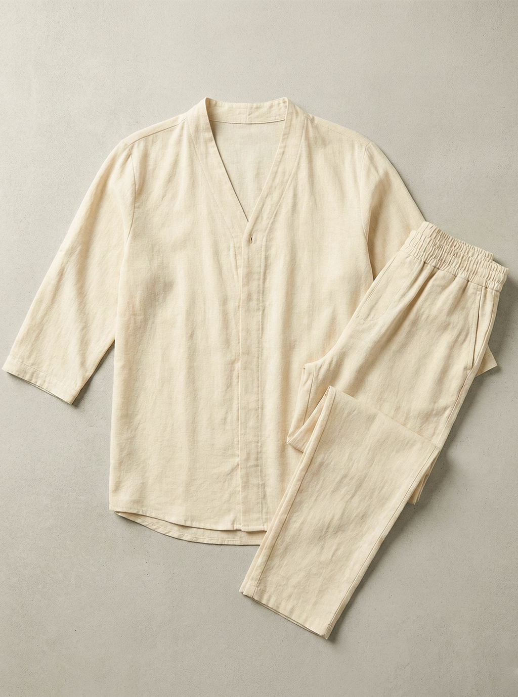 Męski Dwuczęściowy Komplet Koszula i Spodnie o Swobodnym Kroju | Krzysztof – Kremowy