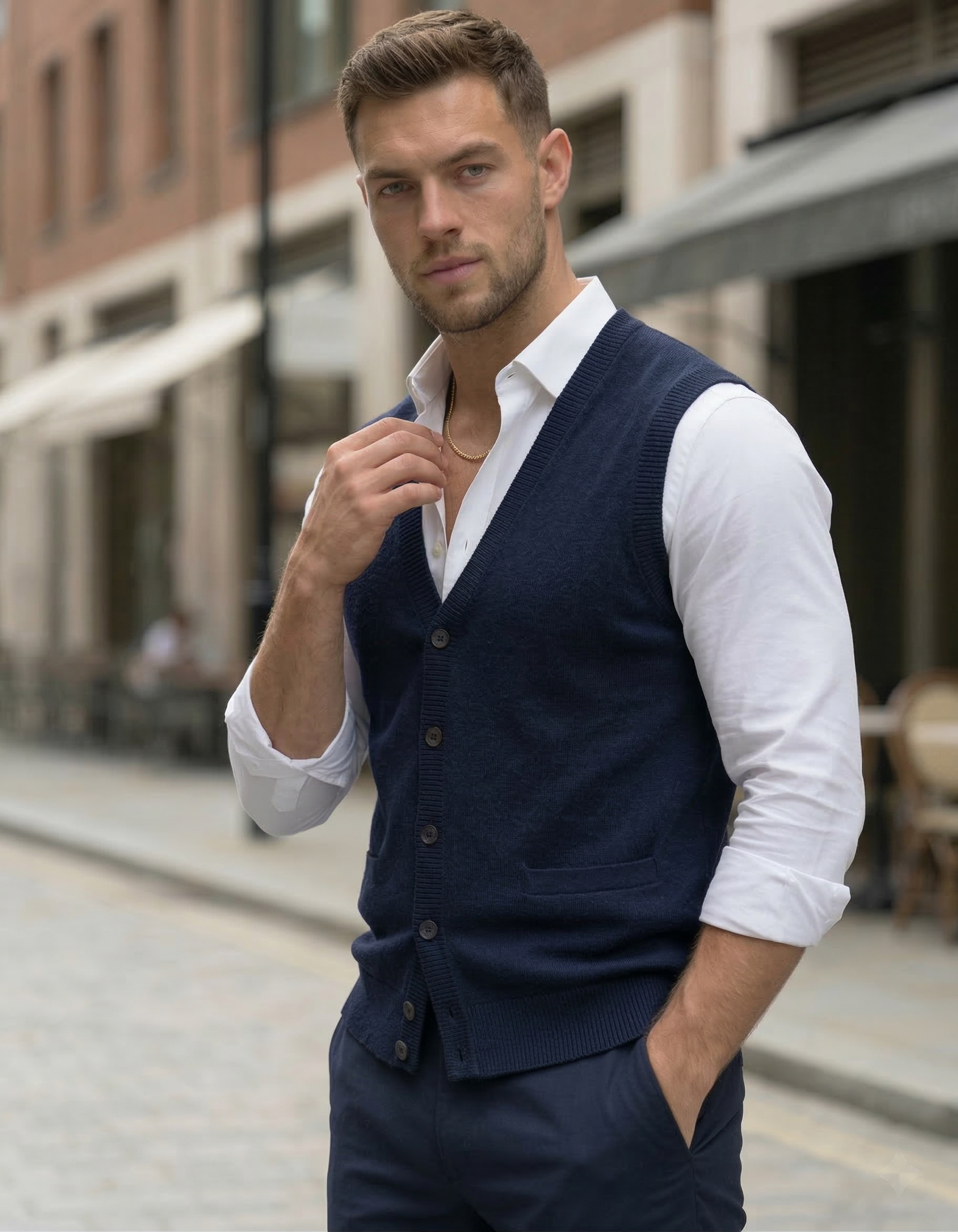 Męska Wełniana Kamizelka o Dopasowanym Kroju | Oliwier – Granatowy