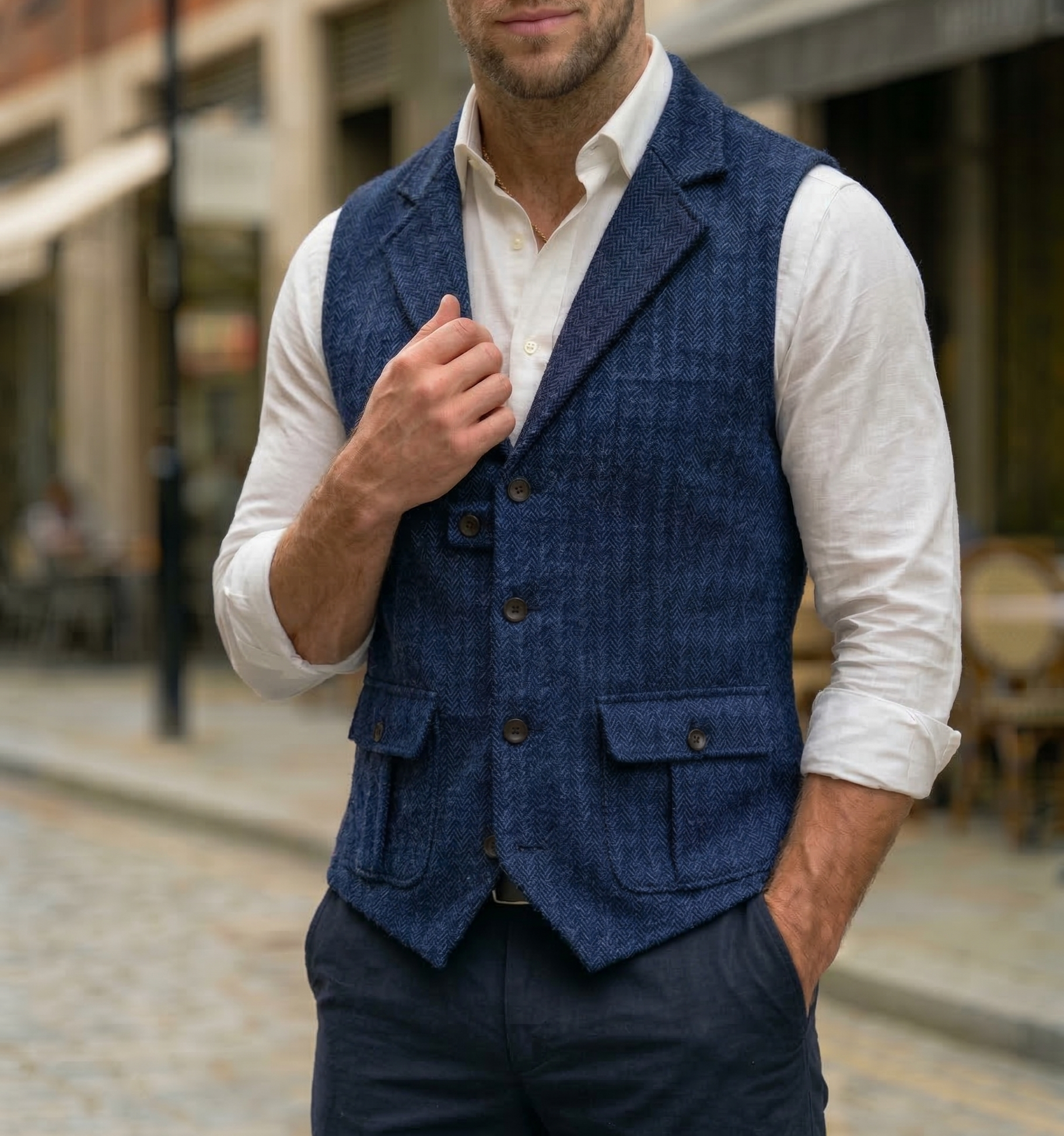 Męska Kamizelka w Jodełkę z Klapami | Konrad – Granatowy