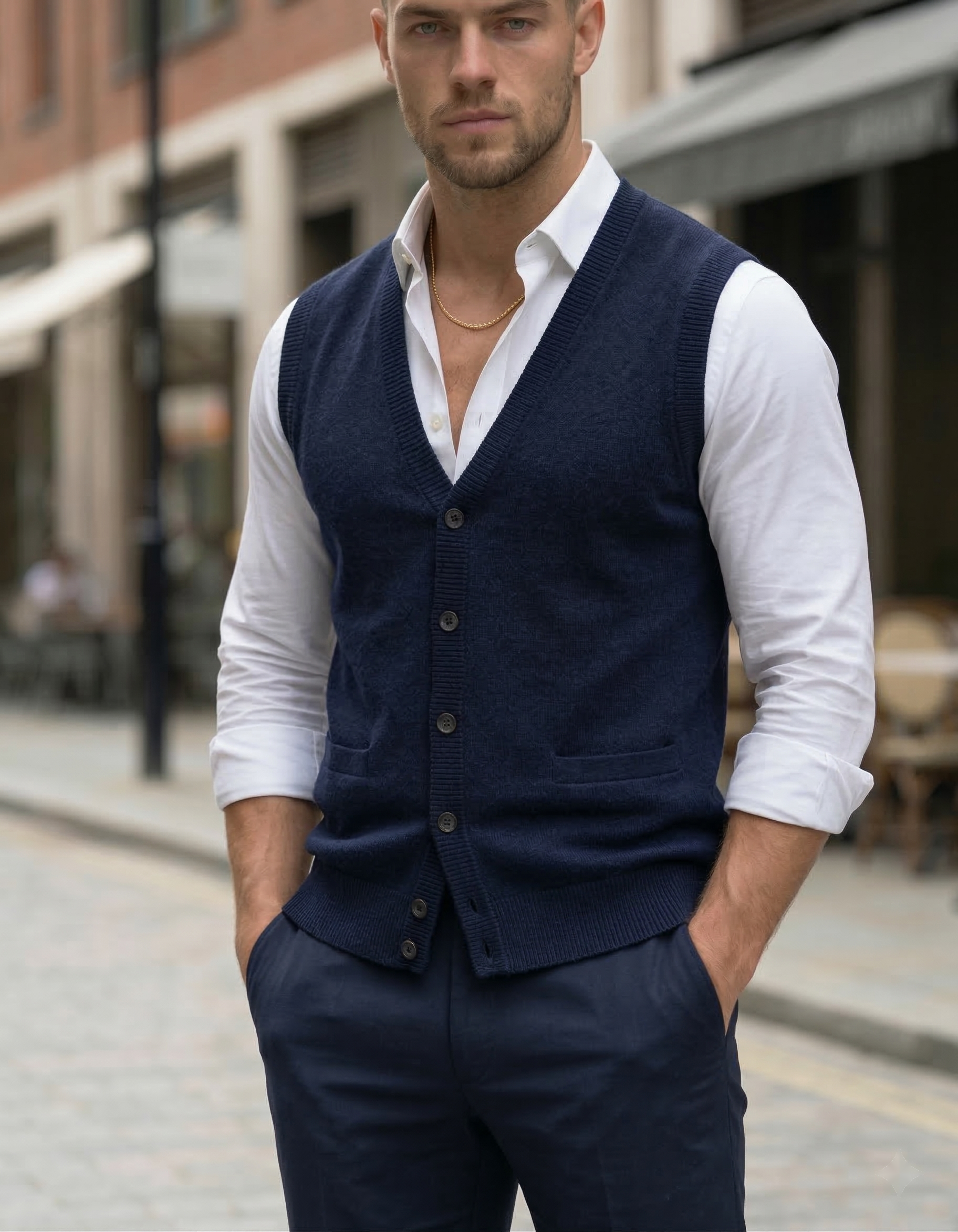 Męska Wełniana Kamizelka o Dopasowanym Kroju | Oliwier – Granatowy