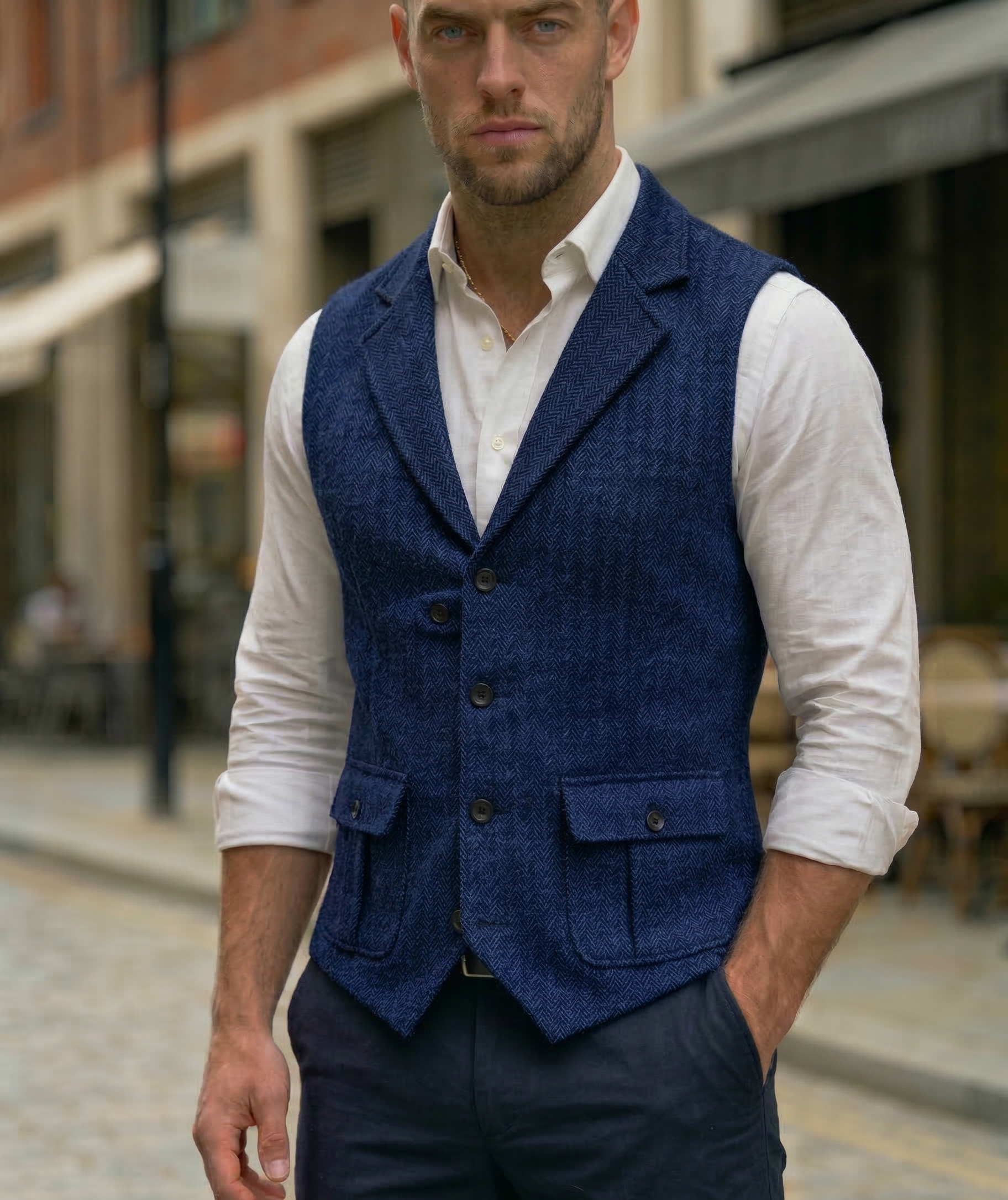 Męska Kamizelka w Jodełkę z Klapami | Konrad – Granatowy