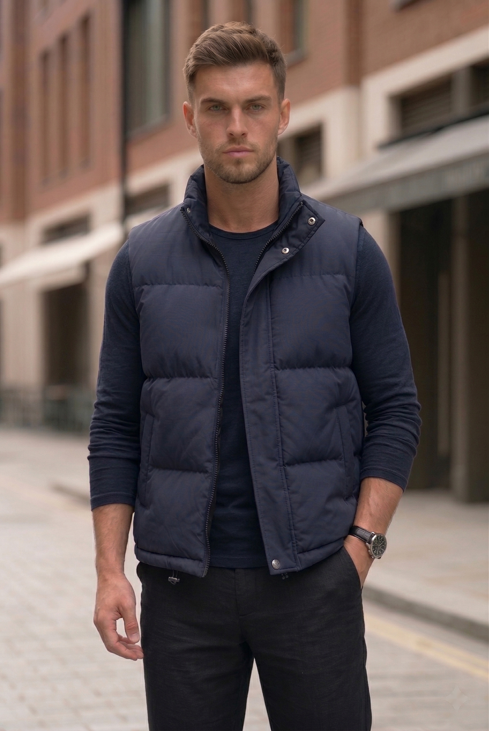 Męska Kamizelka Pikowana z Wysokim Kołnierzem | Olaf – Granatowy